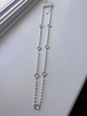 Elegant White Pearl Station Necklace with Gold Accents